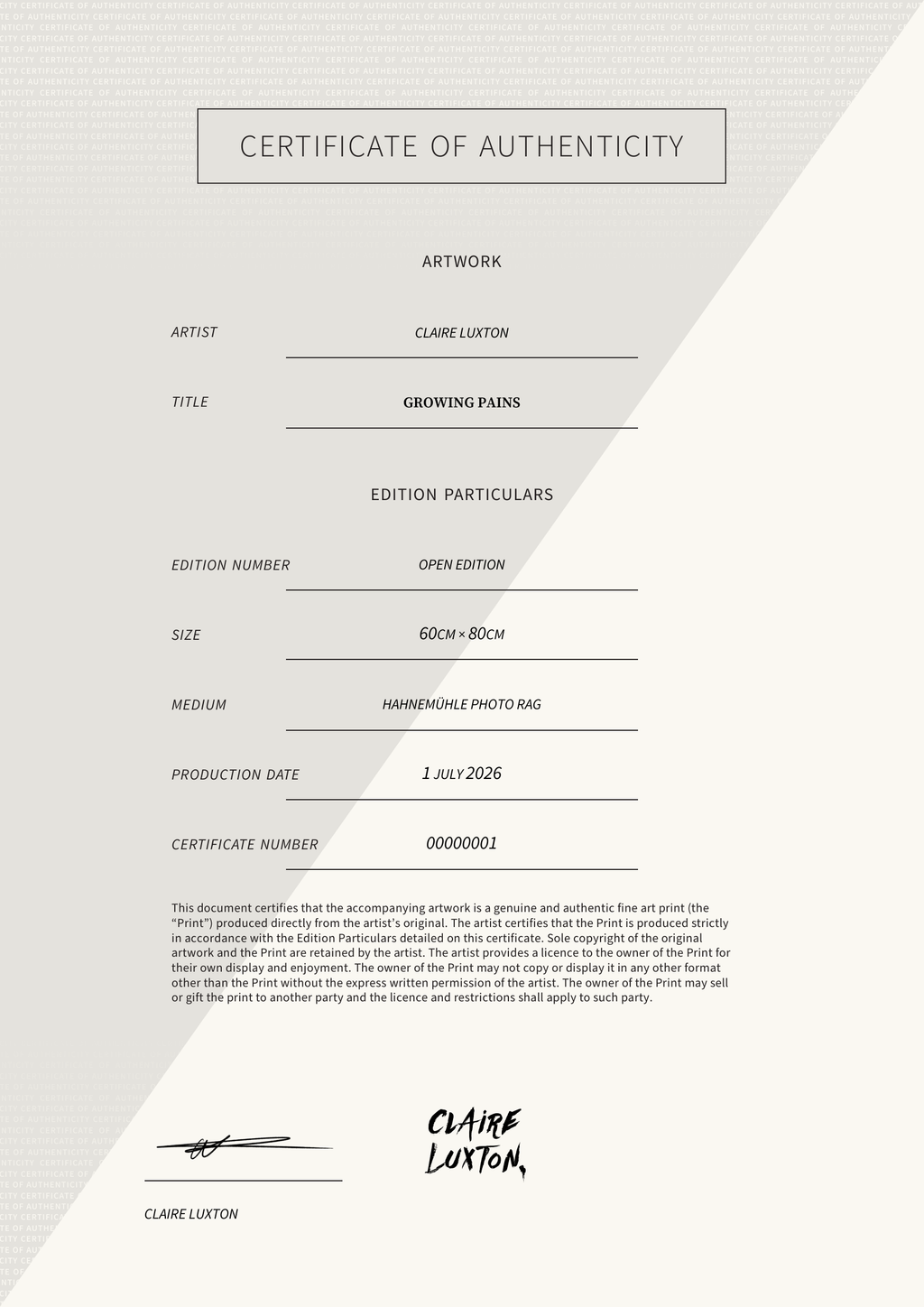 GROWING PAINS — Certificate of Authenticity